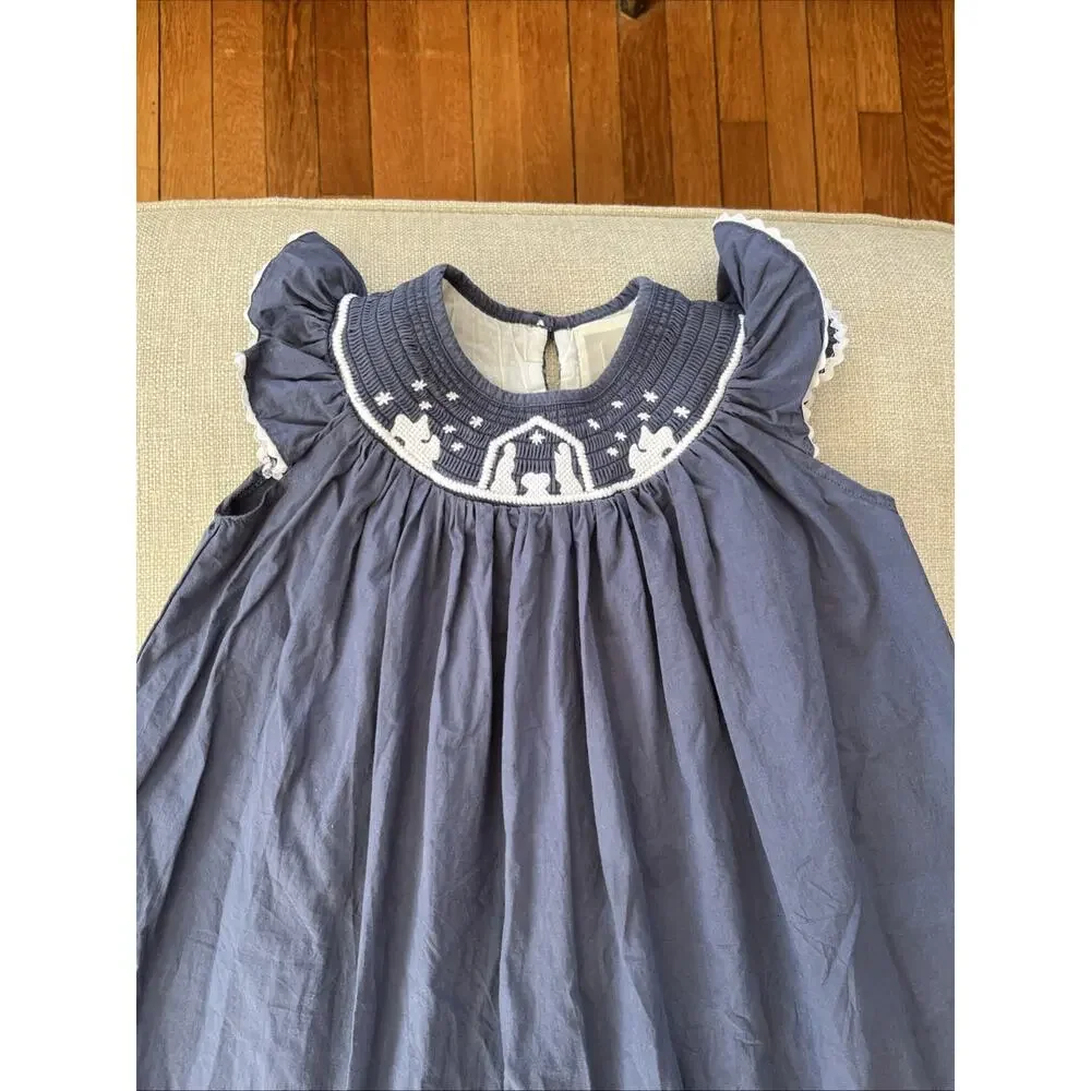 Lil Cactus Embroidered Cotton Smocked Bishop Dress 5Y Navy Blue Christmas Jesus